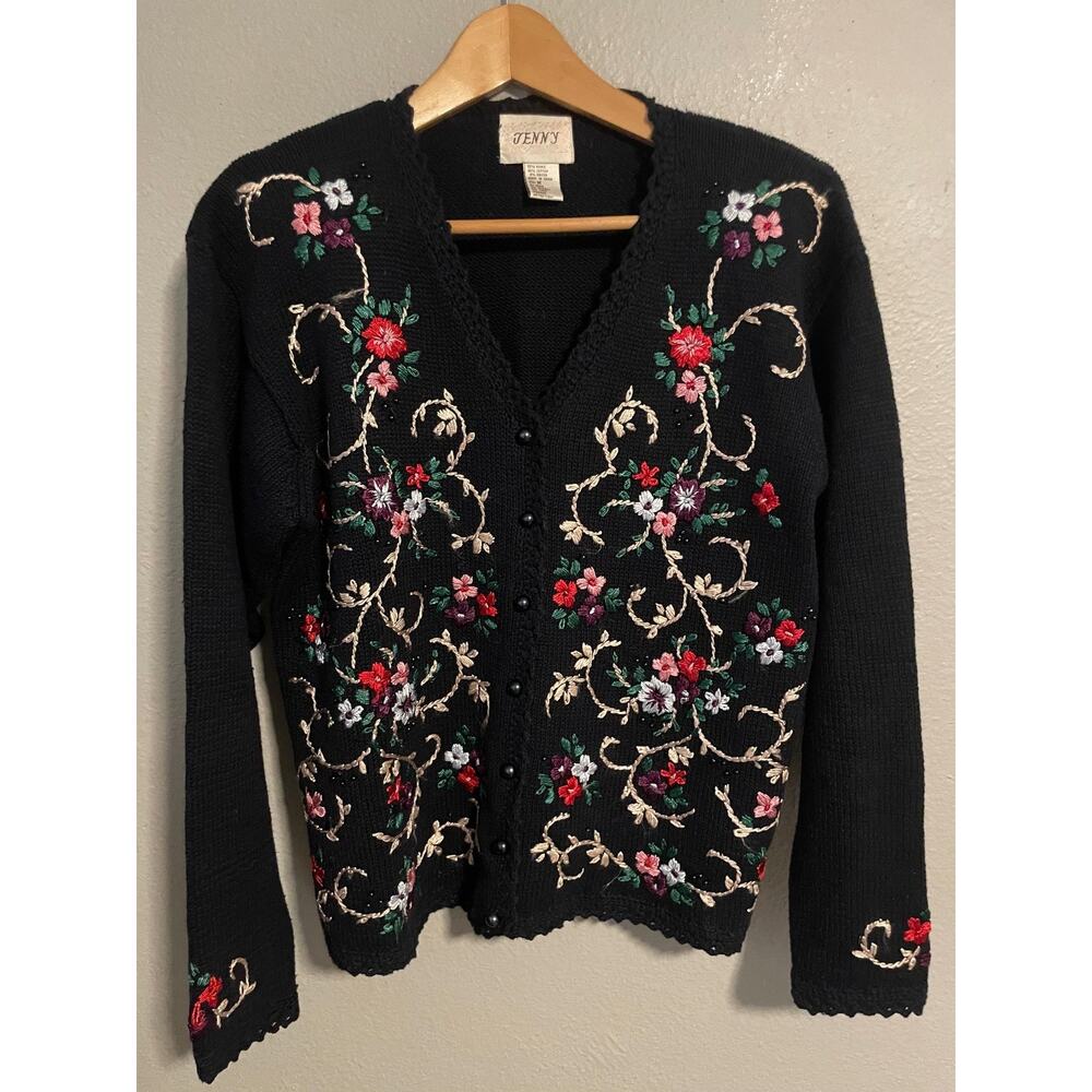 VTG Jenny Cardigan Sweater Womens Medium Navy Floral Embroidered Button Up Artsy
